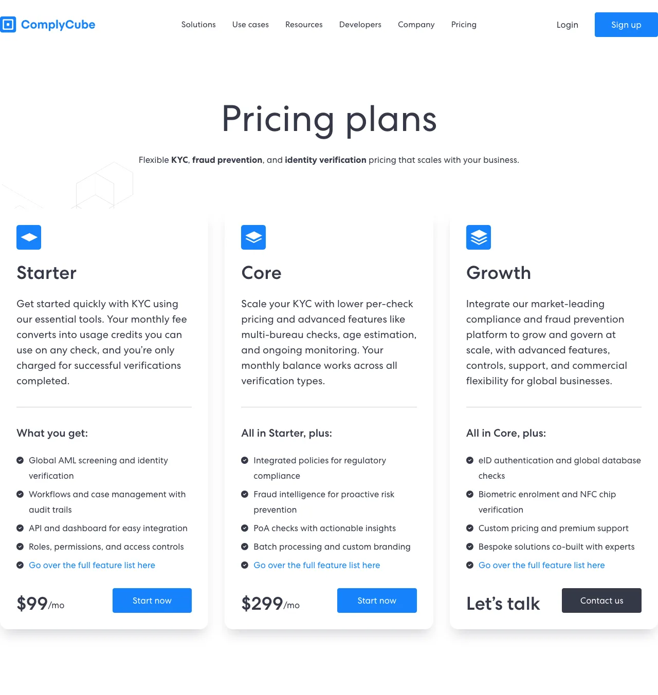 ComplyCube Starter, Core, Growth and Enterprise pricing tiers