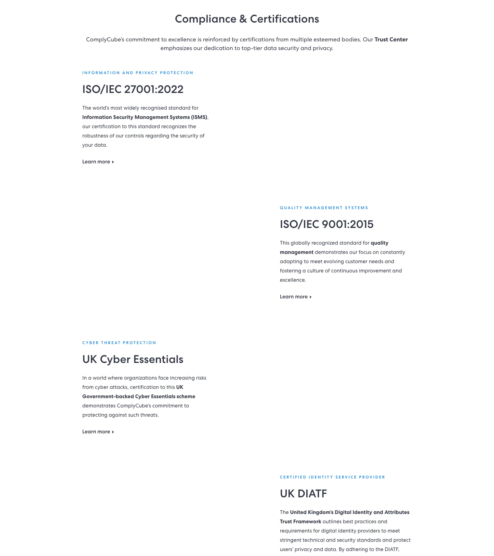 ComplyCube certifications: ISO 27001, SOC 2, iBeta PAD, UK DiATF