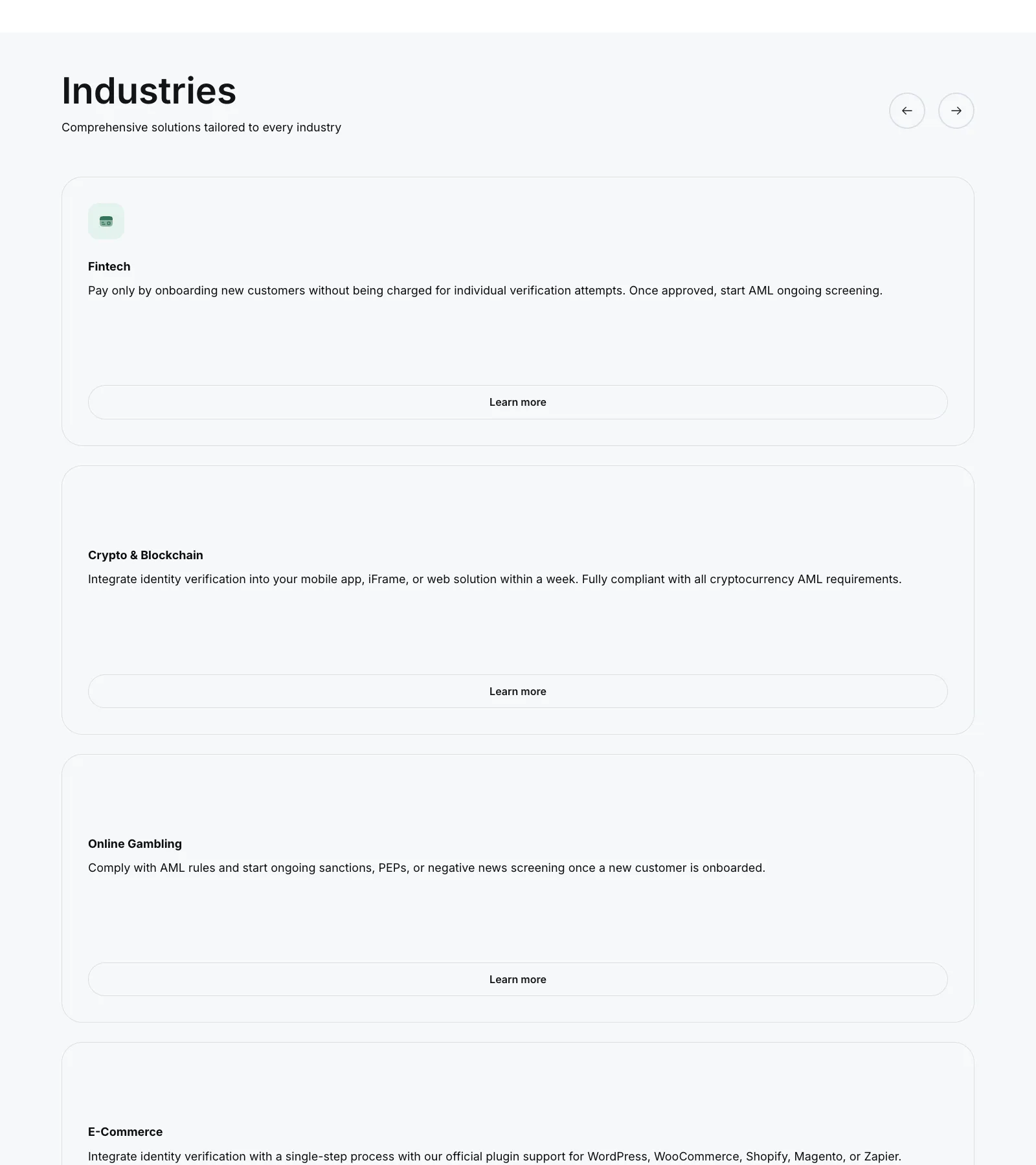 iDenfy industries served – fintech, crypto, gaming KYC verification