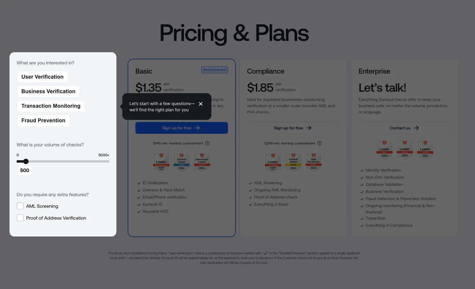 Sumsub per-verification pricing for KYC, AML and transaction monitoring
