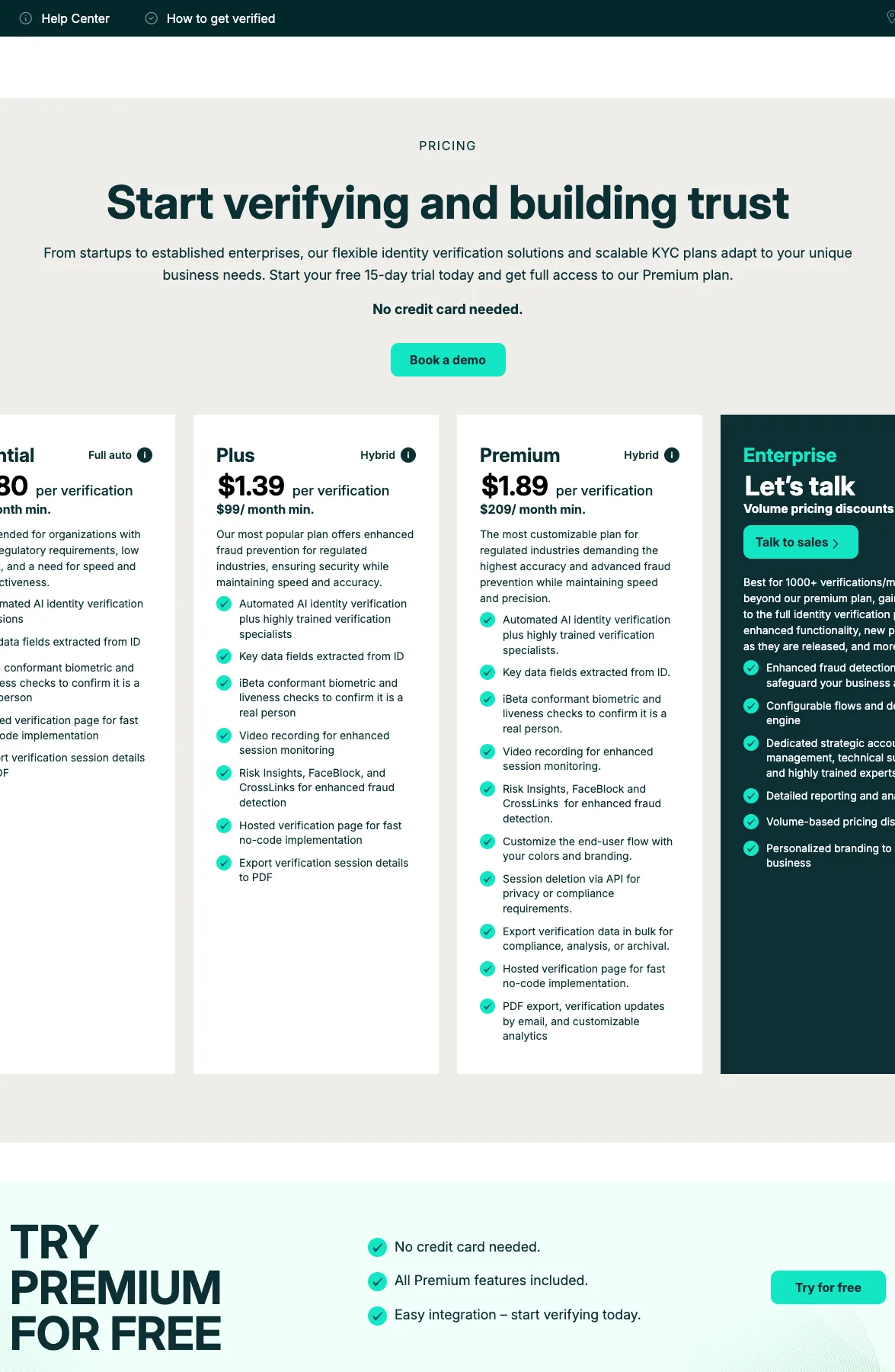 Veriff per-verification pricing plans